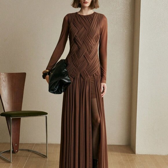 Coffee Brown Elegant Women's Long Dress - Picture 4 of 8